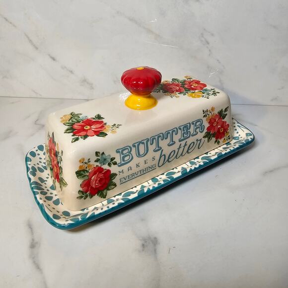 Pioneer Woman Ceramic Sweet Rose Floral Covered Butter Dish with Handle and Base - Picture 4 of 7